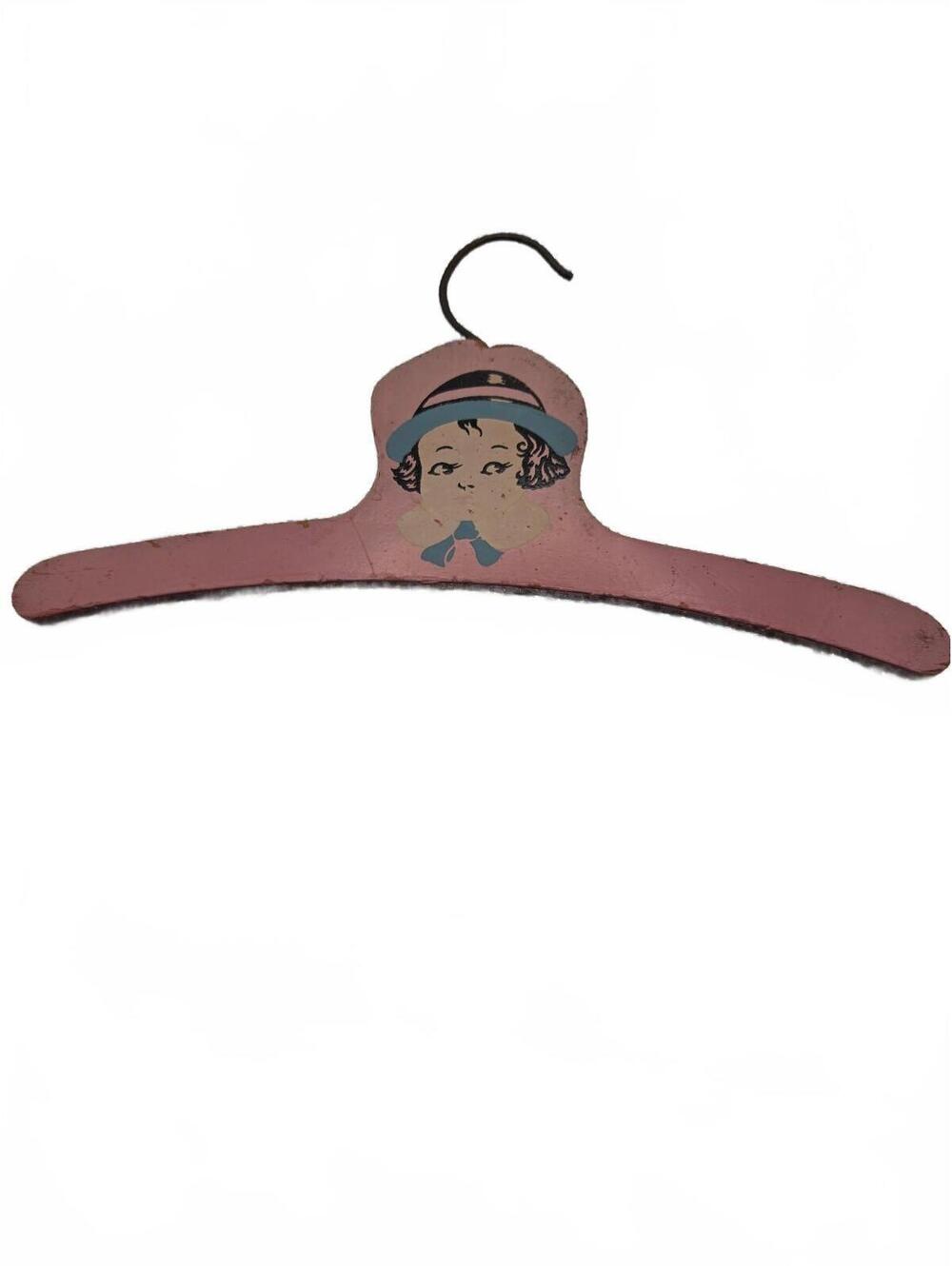 Vintage 1940s Pink Wood Child Hanger Painted Girl Face Blue Hat Bow